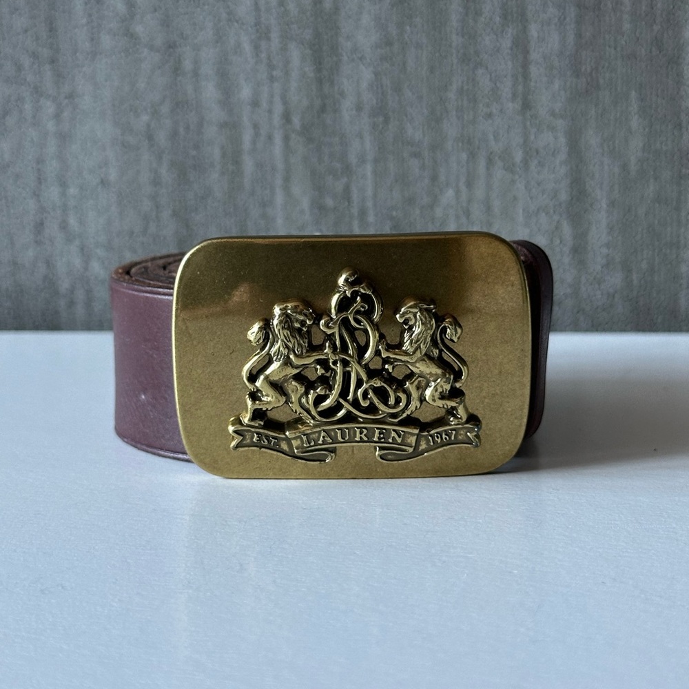 LAUREN Ralph Lauren Brown Leather Belt Heritage Lion Buckle Size Medium